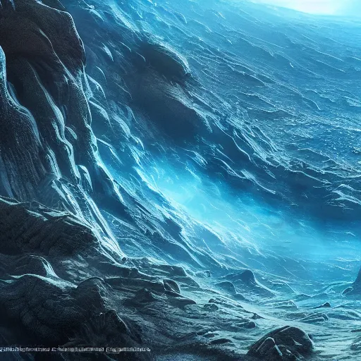 Image similar to vanishing perspective view of the alien landscape on the ocean bed, deep blue ocean color, some plant life, alien landscape, cinematic perspective, cinematic lighting, matte painting, detailed, sci - fi, hdr, 4 k, artstation