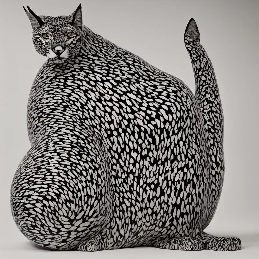 Prompt: beautiful gallery show studio photograph of a giant realistic curvy ceramic sculpture of a caracal cat!!!!!, glazed by bridget riley and victor vasarely, placed on a polished wooden table, colorful hyperrealism 8 k trending on artstation