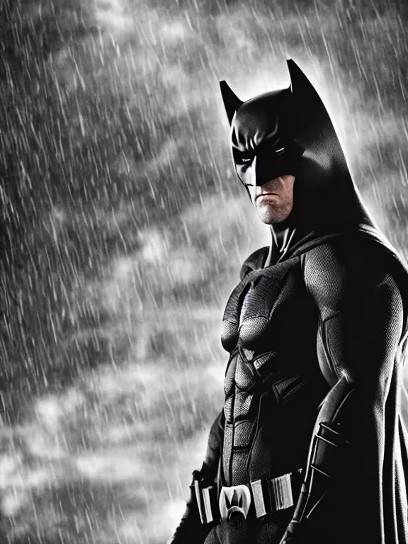 Image similar to film still, ryan reynolds as batman, mask half torn, hyperrealism, moody lighting, rain, intricate, 8 k