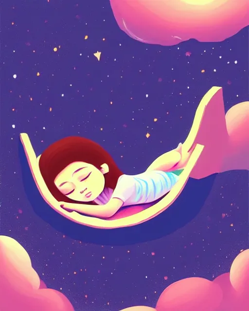 Image similar to beautiful painting of little girl sleeping on her flying bed, art by petros afshar, art by cheng hsiao - ron, sky night, illustration, highly detailed, simple, smooth and clean vector curves, no jagged lines, vector art, smooth, artstation