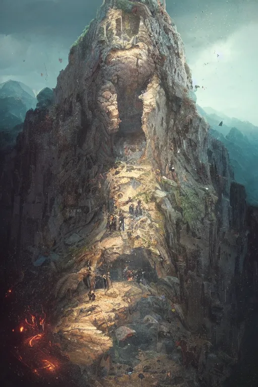 Image similar to a fancy portrait of a giant michanical face buried half way in a cliff face by Greg Rutkowski, Sung Choi, Mitchell Mohrhauser, Maciej Kuciara, Johnson Ting, Maxim Verehin, Peter Konig, final fantasy, Marco lense , 8k photorealistic, cinematic lighting, HD, high details, atmospheric , trending on artstation