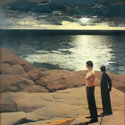 Prompt: rippling physique starving keanu reeves wearing a black leather cape sunglasses whilst standing atop a skyscraper jamie wyeth greg rutkowski winslow homer thomas eakins jean helion oil painting