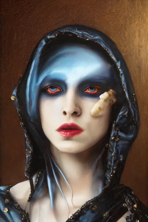 Image similar to hyperrealism oil painting, close - up portrait of european medieval brunette vampire fashion model, knight, steel gradient mixed with nebula sky, in style of baroque