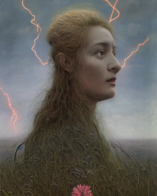 Image similar to A portrait of a woman wearing clothes made out of thunder clouds and flowers, apocalypse, nuclear explosion in the background, liquid skin, Masterpiece, glowing, wires everywhere, by Edgar Maxence and Ross Tran, Zdzisław Beksiński, and Michael Whelan, distant, gustav dore, H.R. Giger, 8k, octane render