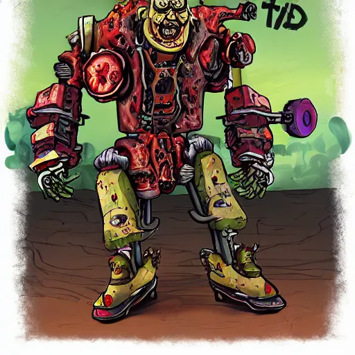 Image similar to zombie mech guy fieri, art by michael miller