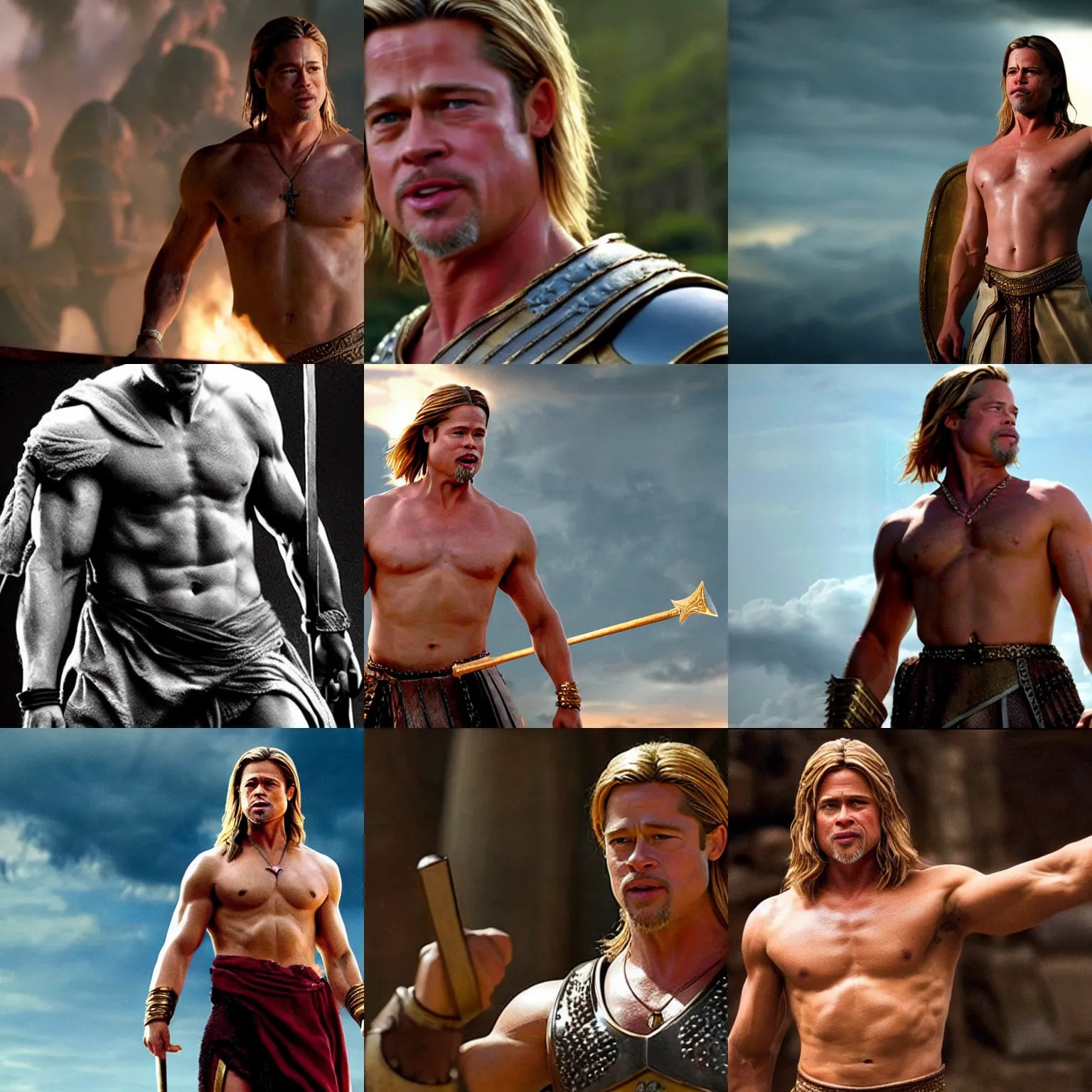 Prompt: brad pitt as Achilles from Troy (2004) as seen in Disney Pixar's Up (2009) 👀, epic lighting, hd