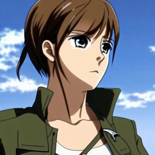 Prompt: anime screenshot of emma watson as recon corps member flying on odm gear, detailed face, attack on titan anime style, atmospheric anime