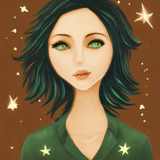 Prompt: a photo of a young woman with short brown hair, green eyes, beautiful trees in the background, night sky with multicolor stars and galaxies, trending on artstation