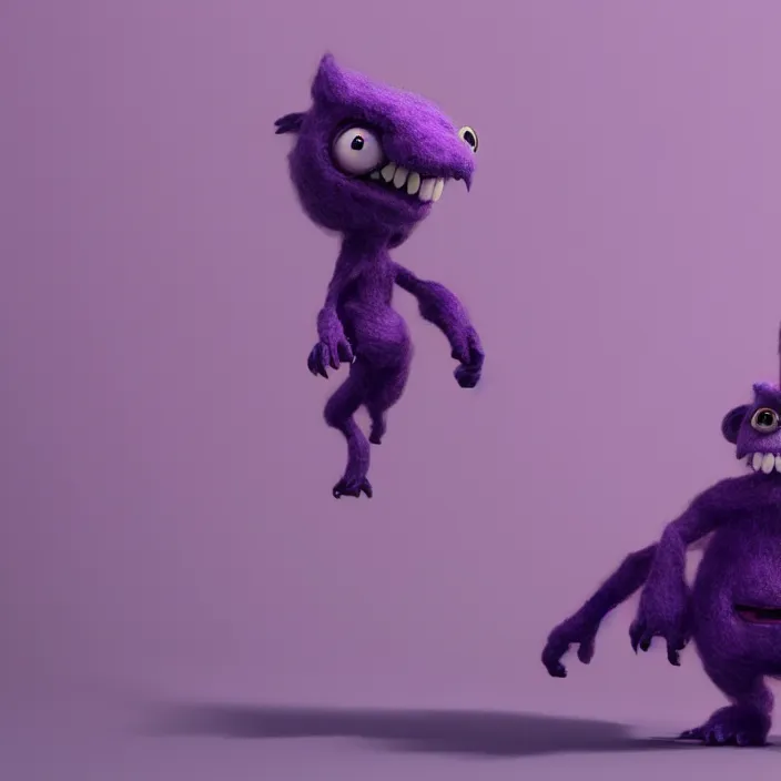 Image similar to a 3D render of a cute purple monster made out of wool, digital art, highly detailed, warm lighting, unreal engine 5, octane render, artgern, trending on artstation, Pixar, by John Coltrane and Marc Simonetti, Manic, inspired by Greg rutkowski