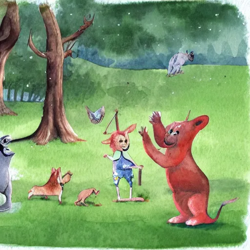 Prompt: Storybook illustration of anthropomorphic animals playing in the park, watercolor style