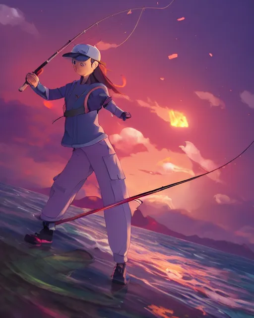 Image similar to a female pokemon trainer fishing for magikarp, full shot, atmospheric lighting, detailed face, by makoto shinkai, stanley artger m lau, wlop, rossdraws, james jean, andrei riabovitchev, marc simonetti, krenz c