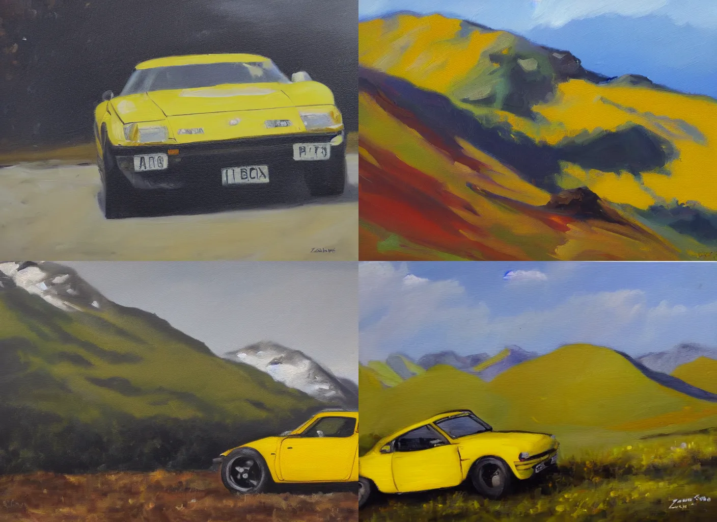 Prompt: an oil painting of a yellow alpine, zoomed out A110