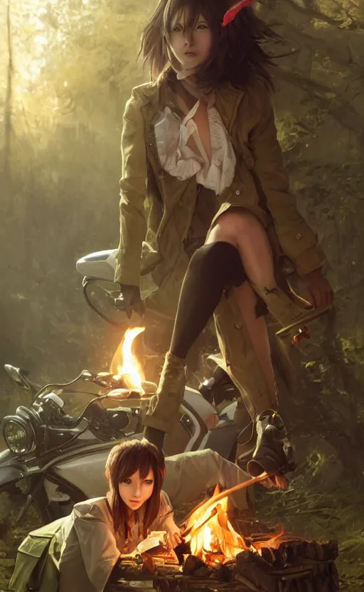 Image similar to a girl from final fantasy live action, with short black hair and green eyes in a tan trenchcoat sitting on a log and drinking tea by the campfire by her dieselpunk motorcycle at night, award winning, masterpiece digital painting by greg rutkowski, alex grey, artstation, 4 k wallpaper