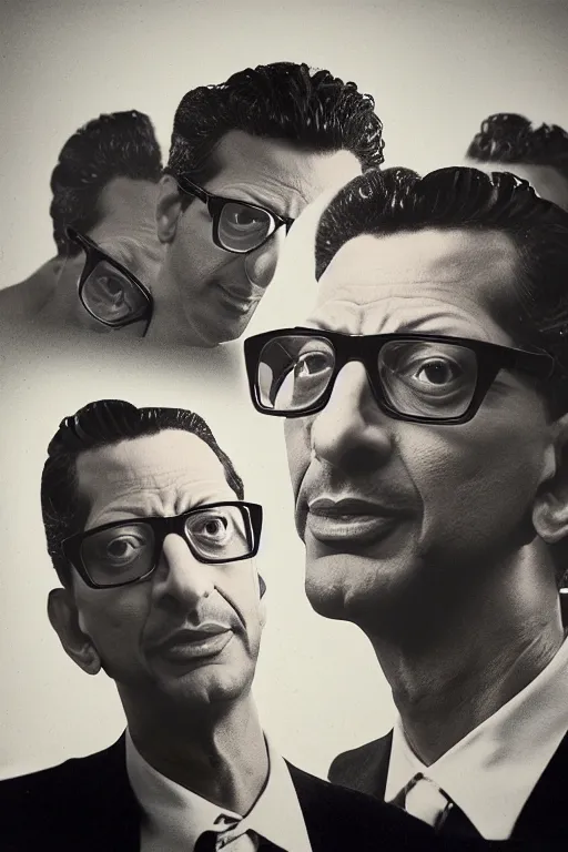 Image similar to double exposure composite portrait, floating head portrait, first jeff goldblum profile on top and the second jeff goldblum facing the camera on bottom, jc penney studio 1 9 8 5