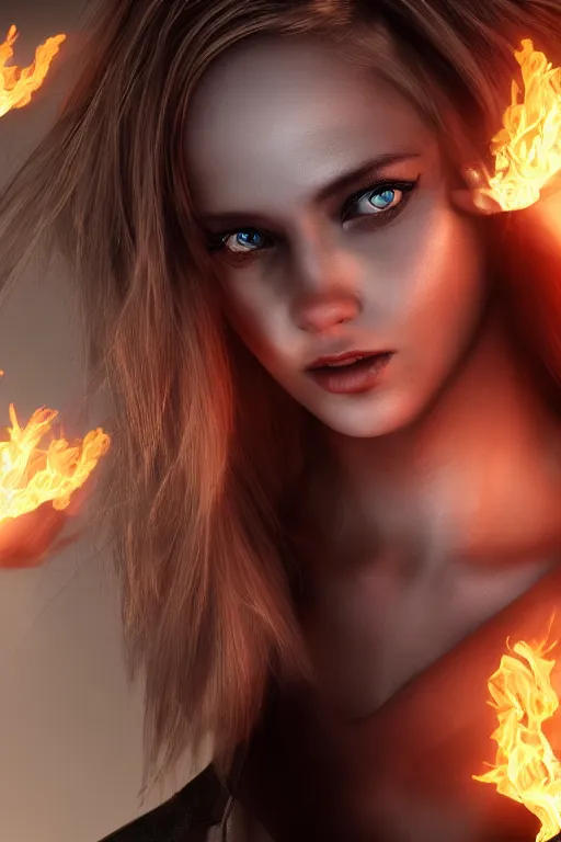 Image similar to young blonde woman playing with flames coming out of her eyes, cyberpunk, realistic, high definition, many details, dramatic scene, symmetrical face, realistic eyes, unreal engine art 5