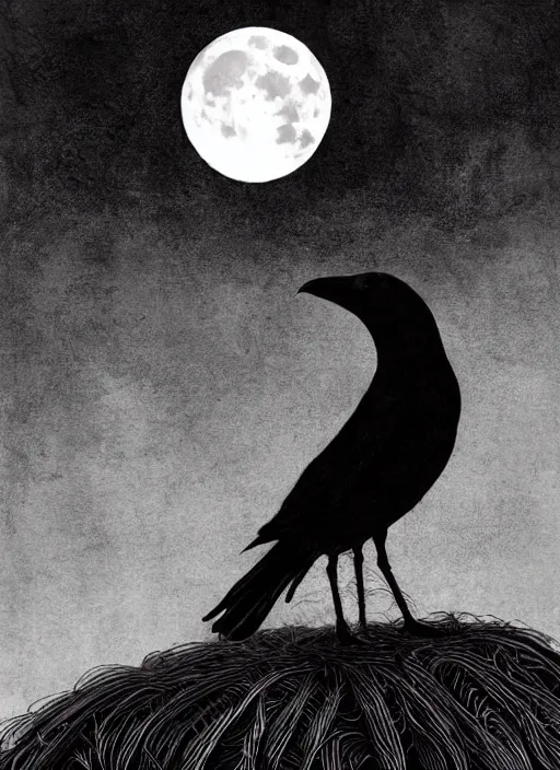 Image similar to portrait, A crow in front of the full big moon, book cover, red white and black colors, establishing shot, extremly high detail, foto realistic, cinematic lighting, pen and ink, intricate line drawings, by Yoshitaka Amano, Ruan Jia, Kentaro Miura, Artgerm, post processed, concept art, artstation, matte painting, style by eddie mendoza, raphael lacoste, alex ross