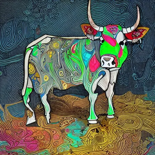 Image similar to a cow made up of milk, an ultrafine detailed illustration by james jean, intricate linework, bright colors, final fantasy, behance contest winner, vanitas, angular, altermodern, unreal engine 5 highly rendered, global illumination, radiant light, detailed and intricate environment