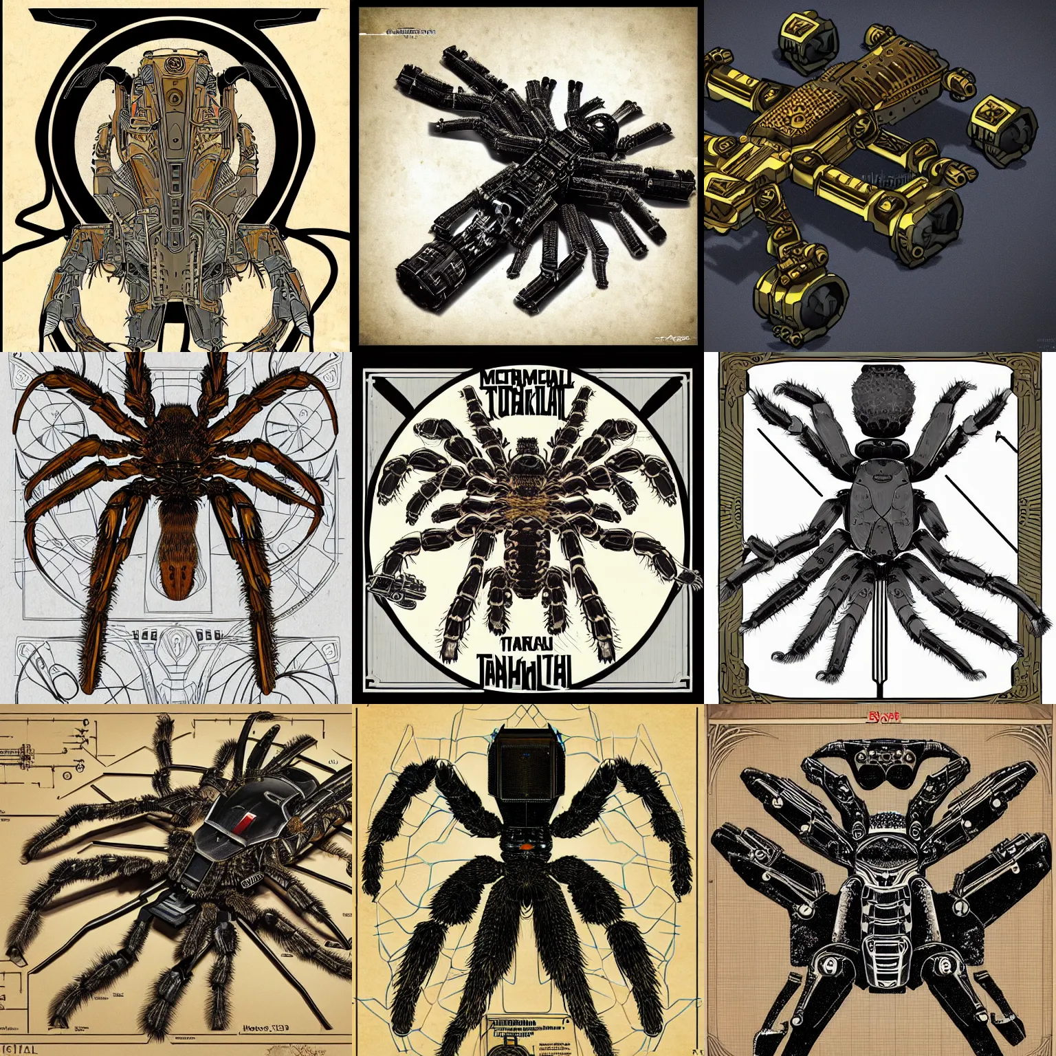 Prompt: mechanical tarantula with guns schematics Art Nouveau