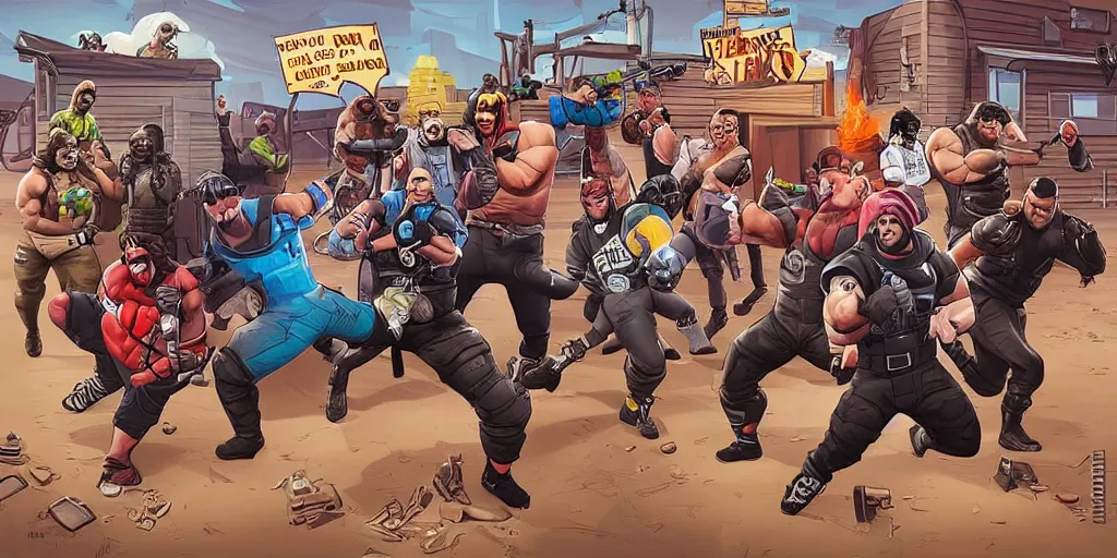 Prompt: Keystone cops fighting professional wrestlers. Fortnite. Epic painting by James Gurney and Laurie Greasley.