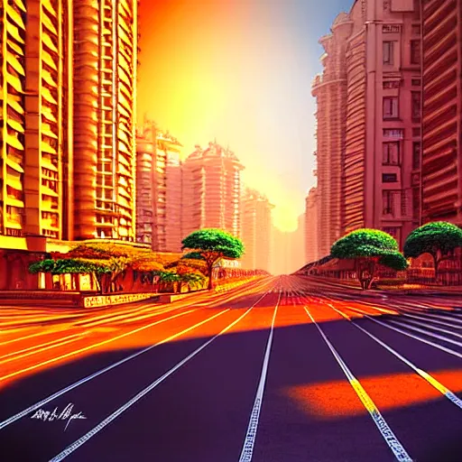 Image similar to mumbai in the future, city streets, golden hour, perspective artwork, photorealism