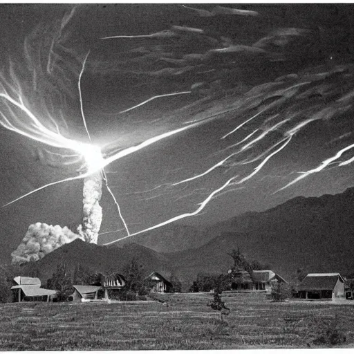 Prompt: incoming debris cloud, nuclear explosion. A family on their front porch watching the explosive impact of a meteorite into the distant mountains. Comet, Meteor, apocalypse, shockwave, total and absolute destruction