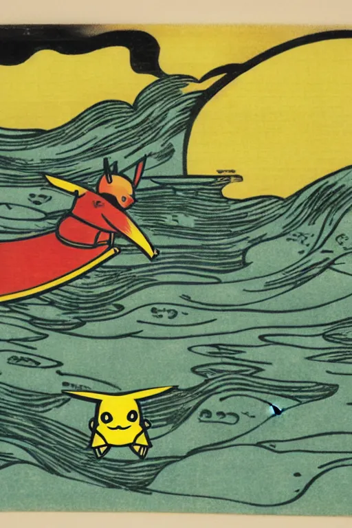 Image similar to surfing Pikachu, ukiyo Japanese woodblock print