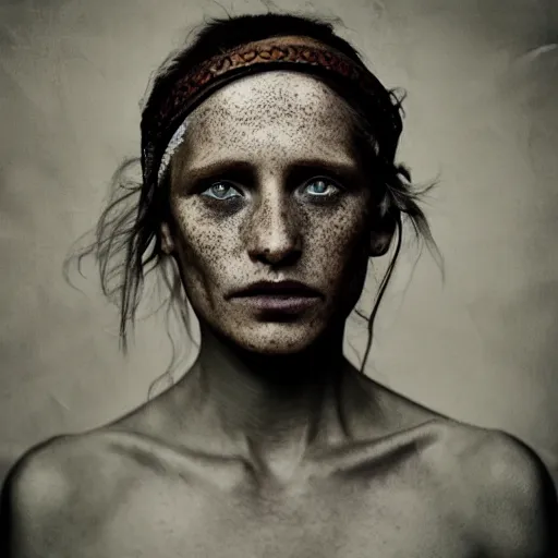 Prompt: Award Winning Portrait of a prehistoric English Female with beautiful eyes wearing a leather headband by Lee Jeffries, 85mm ND 5, perfect lighting, freckles, god rays
