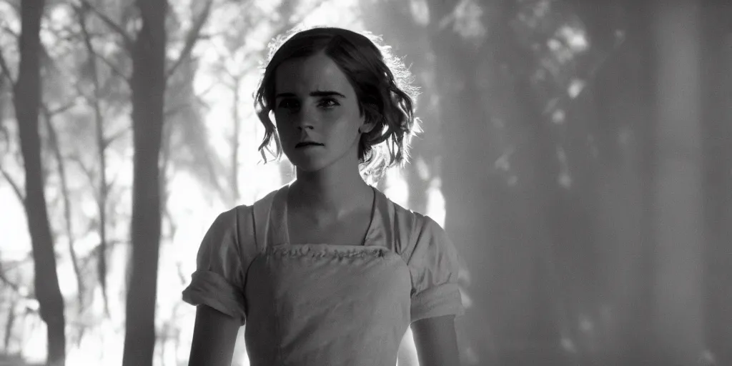 Prompt: Film still of Emma Watson as Hermione Granger. Silhouette. Shadowed. Halo. Ring of light. 35mm lens. Backlit. Angelic. Beautiful. William Adolphe Bouguereau. Henriette Browne.