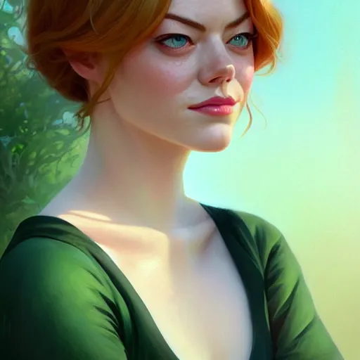 Image similar to beautiful natural Emma Stone with green eyes and different nose and mouth, intricate, elegant, highly detailed, digital painting, artstation, concept art, smooth, sharp focus, illustration, art by artgerm and greg rutkowski and alphonse mucha and loish and WLOP