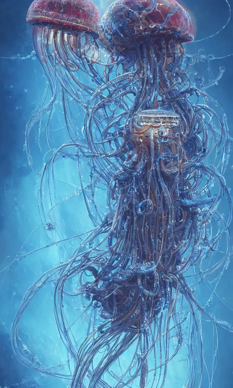 Image similar to a hyper detailed painting of a cyberpunk jellyfish, cables everywhere, blue tones, underwater, highly detailed, digital painting, artstation, concept art, smooth, sharp focus, illustration, art by artgerm and greg rutkowski and alphonse mucha