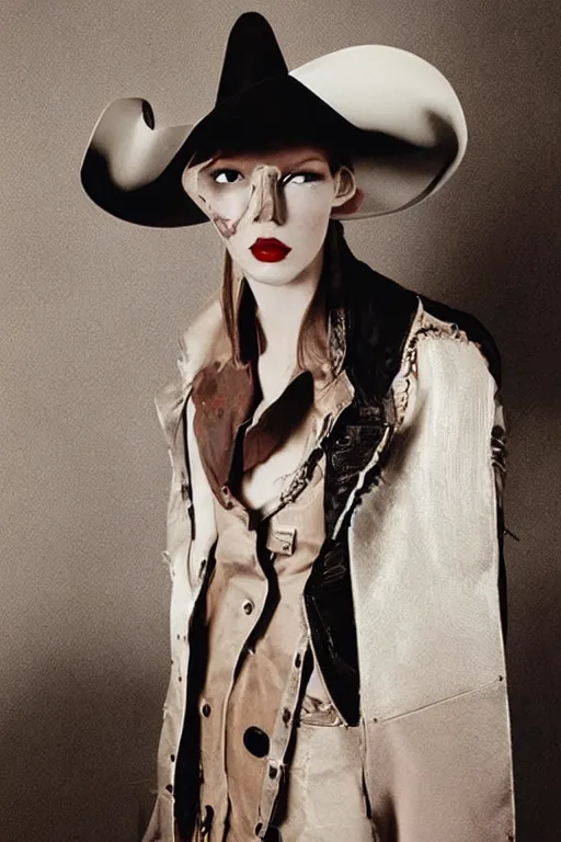 Image similar to margiela campaign featuring ark bumpy roose as a female cowgirl, long eyeslashes, big juicy lips, big seductive eyes