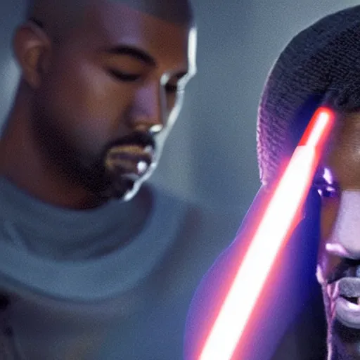 Image similar to Portrait of Kanye West as a jedi in Star Wars, holding lightsabre. splash art, cinematic lighting, dramatic, octane render, long lens, shallow depth of field, bokeh, anamorphic lens flare, 8k, hyper detailed, 35mm film grain