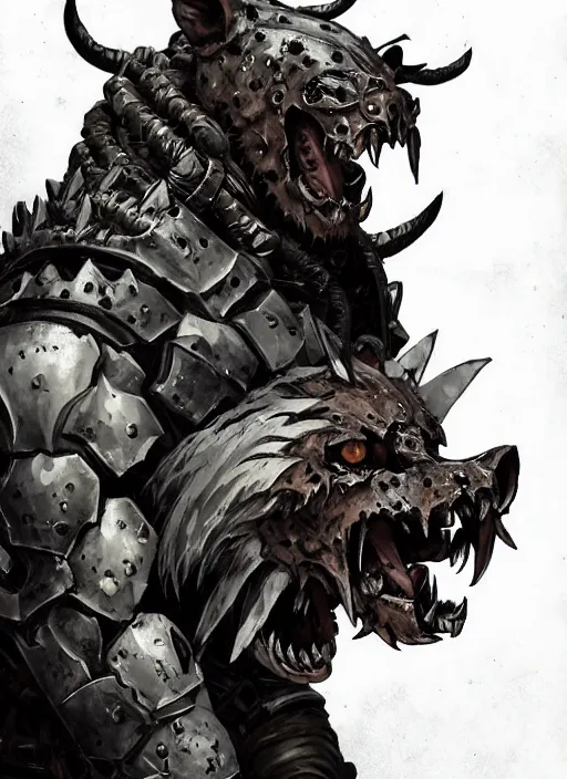 Prompt: Full body portrait of a scary gnoll. Armour made of human skulls. In style of Yoji Shinkawa and Hyung-tae Kim, trending on ArtStation, dark fantasy, great composition, concept art, highly detailed.