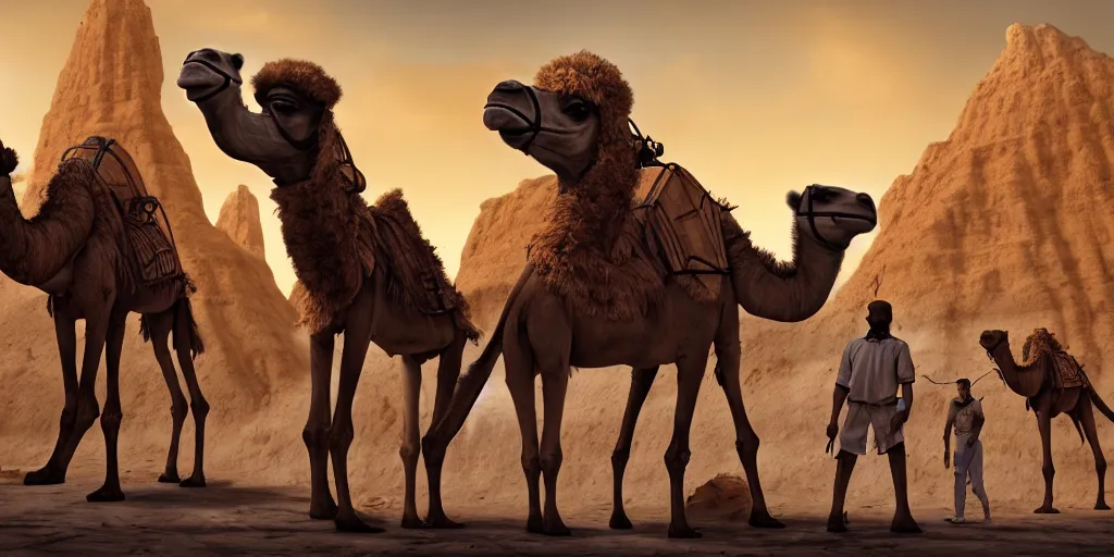 Image similar to bipedal humanoid camel merchants in town square, tents, matte oil painting, retrofuturistic, concept art, quarrying, science fantasy, mutant, lgbt, rpg, epic, rusted, white salt, badlands, jungles, dungeons & dragons, sacred, sharp focus, award - winning, extremely detailed, 4 k, 8 k