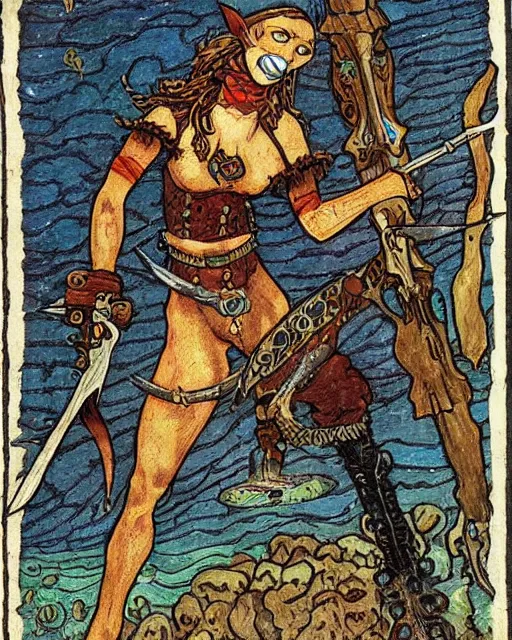 Image similar to a shark skin pirate queen with melee weapons by ivan bilibin