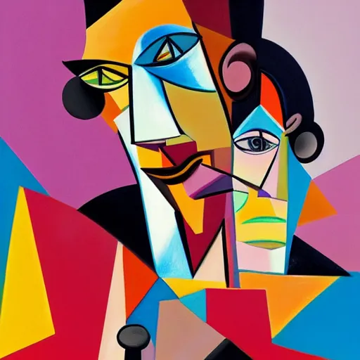 Prompt: a colorful abstract painting of a man and a woman, a character portrait by farid mansour, behance contest winner, cubism, cubism, picasso, behance hd