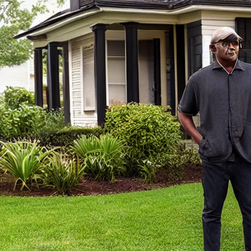 Prompt: a black middle aged man looking at his front yard