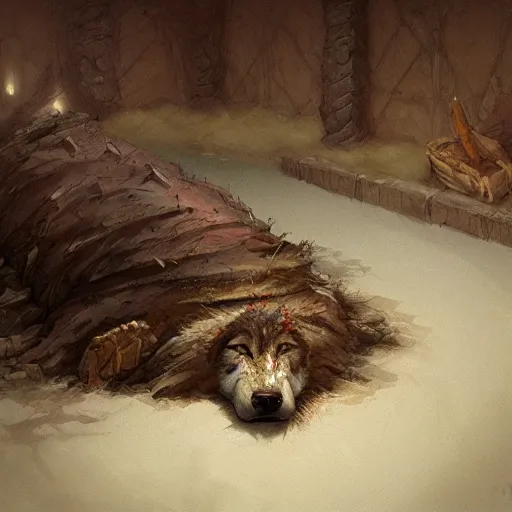 Prompt: medieum shot of a warg wolf sleeping on a mat in a corner of a adobe house, torchlit, concept art by marc simonetti and christophe vacher, trending on artstation