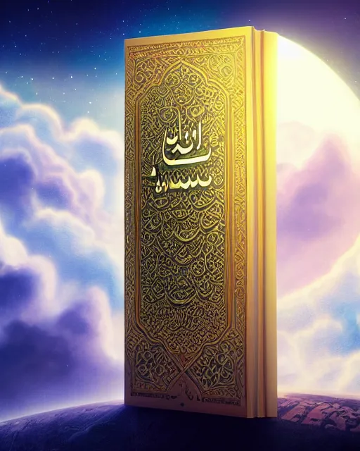 Image similar to the quran descending from the galaxy into clouds highly detailed, gold filigree, romantic storybook fantasy, soft cinematic lighting, award, pastel color palette, featured on artstation, digital art