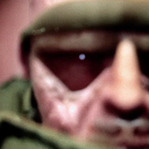 Image similar to a high quality color creepy atmospheric dimly lit extreme closeup film 3 5 mm depth of field photograph of a man wearing army fatigues, face dripping with sweat, holding a machinegun nervously pointing it in front of him getting ready to shoot, in a secret military bunker in antarctica in 1 9 8 2