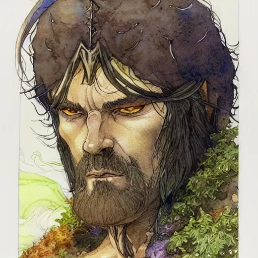 Image similar to a realistic and atmospheric watercolour fantasy character concept art portrait of andy mccoy as a druidic warrior wizard looking at the camera with an intelligent gaze by rebecca guay, michael kaluta, charles vess and jean moebius giraud