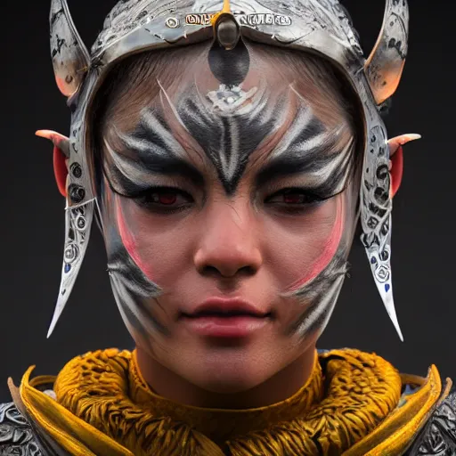 Prompt: portrait of a Kyoshi Warrior in full facepaint, digital art, highly detailed, concept art, intricate, sharp focus, Trending on Artstation HQ, unreal engine 5, 4K UHD image