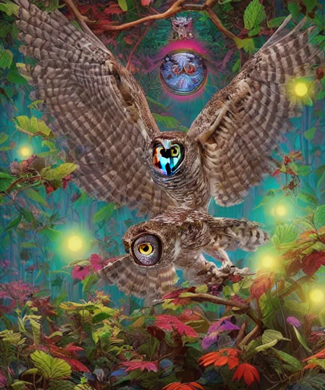 Image similar to a single realistic owl, flying in a psychedelic forest, wide angle landscape shot, pixar style by tristan eaton, artgerm and tom bagshaw