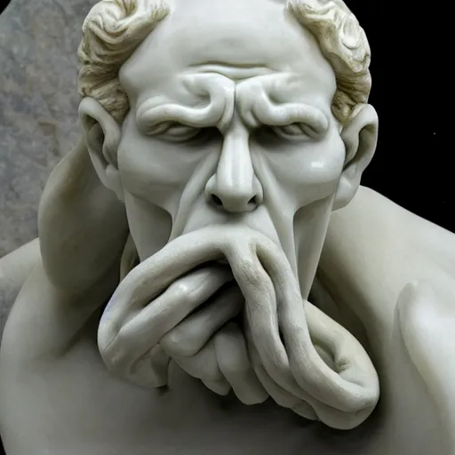 Image similar to marble sculpture of man with his own face coming out of his mouth