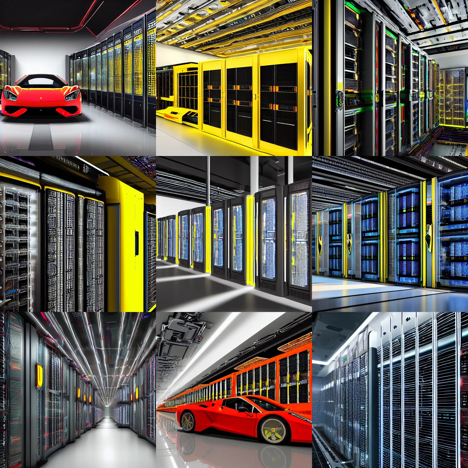 Prompt: a closeup photorealistic photograph of a ferarri data center. ferarri car with servers built in. bright scene. fine detail. this 4 k hd image is trending on artstation, featured on behance, well - rendered, extra crisp, features intricate detail, epic composition and the style of unreal engine.