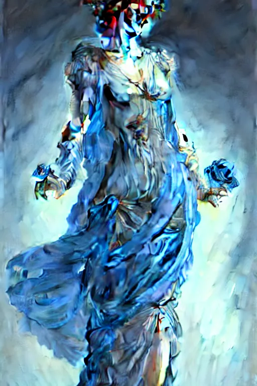 Image similar to woman dressed in a vaporous wrapped large victorian blue roses silk semi-transparent dress fashion is running D&D, fantasy, intricate, elegant, highly detailed, digital painting, artstation, concept art, matte, sharp focus, illustration, art by Artgerm and Greg Rutkowski and Alphonse Mucha