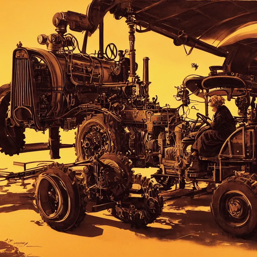 Image similar to a woman driving a steampunk tractor at dusk, by syd mead and norman rockwell. highly detailed digital art. retrofuturism. beautiful lighting. trending on artstation.