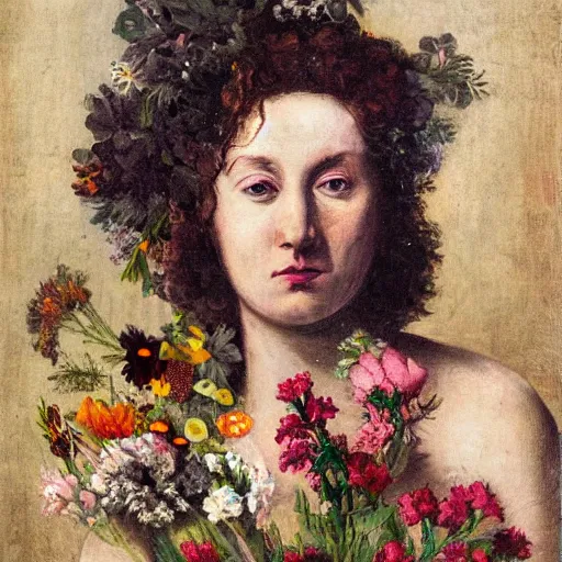 Image similar to portrait of a woman made of flowers and smoke