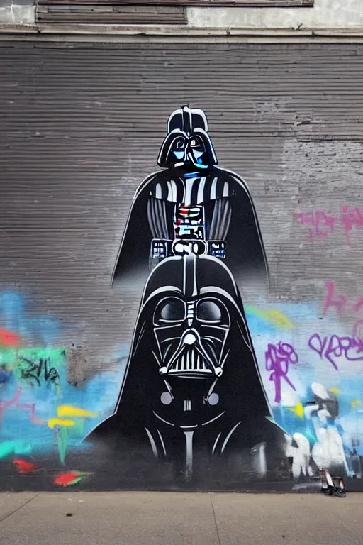 Prompt: darth vader graffiti art in inner city alley on tatooine