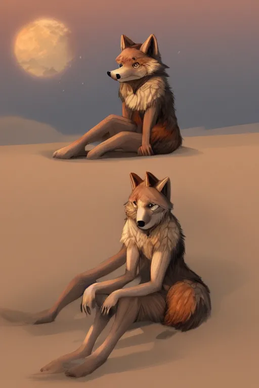 Image similar to anthropomorphic wolf fursona sitting in sand lit by the sunset, furry art, trending on artstation, digital art, kawacy, trending on furaffinity